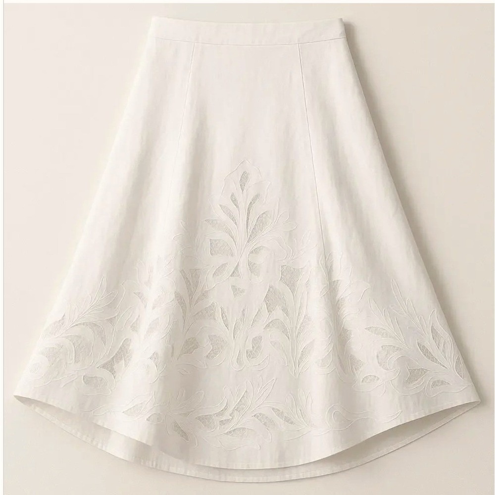 Coldwater Creek Women Linen Embroidered Flare Midi Skirt M Ivory Office Career